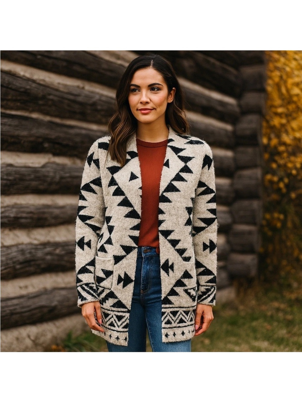 Frye Cream and Black Geometric Open-Front Cardigan